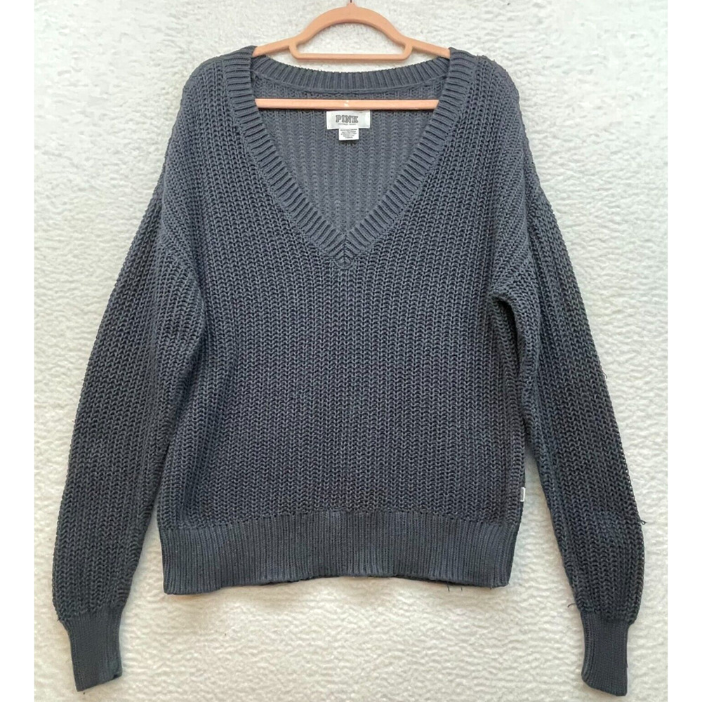 PINK Sweater Womens Extra Small Gray Knit VS Pullover V Neck Minimalist Classic
